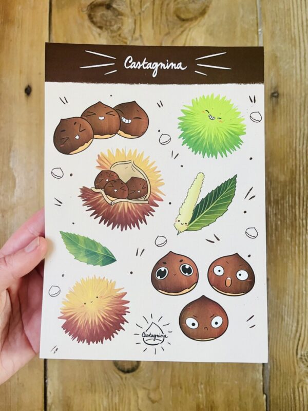 Planche de 9 stickers Castagne kawaii signée Coralie-Luret Gambotti; imprimée dans le Fiumorbu